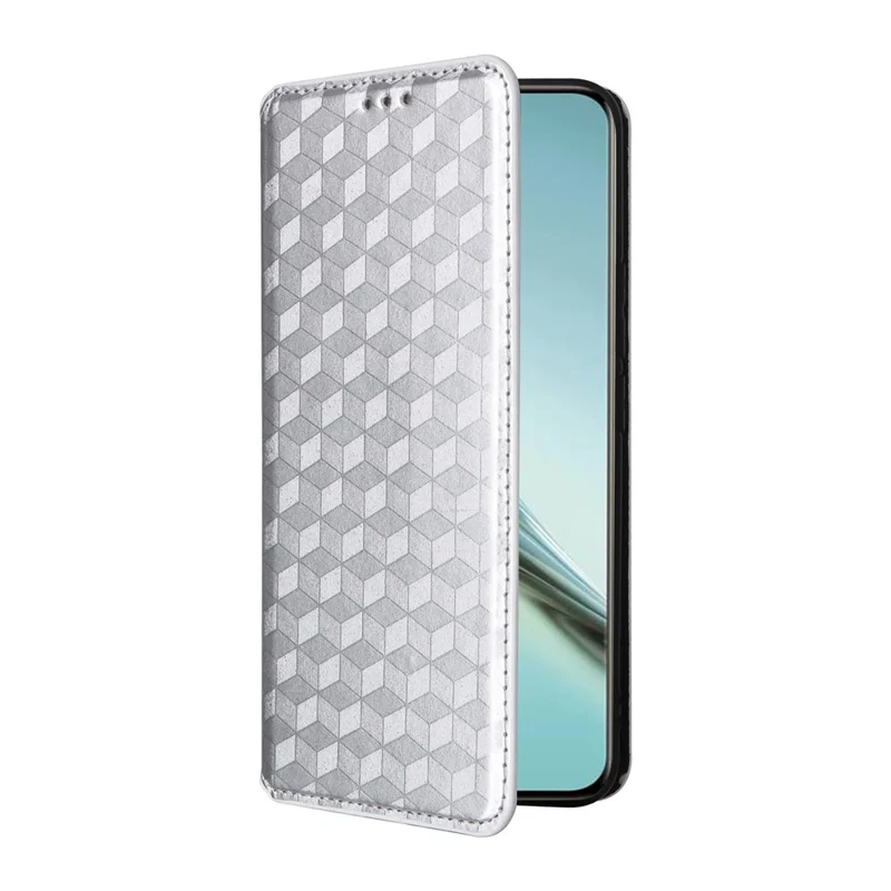 For Realme 13+ 5G / 13 Pro 5G (China) Wallet Case Rhombus Imprinted Leather Phone Cover - Silver