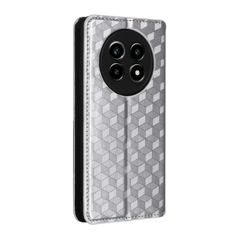 For Realme 13+ 5G / 13 Pro 5G (China) Wallet Case Rhombus Imprinted Leather Phone Cover - Silver