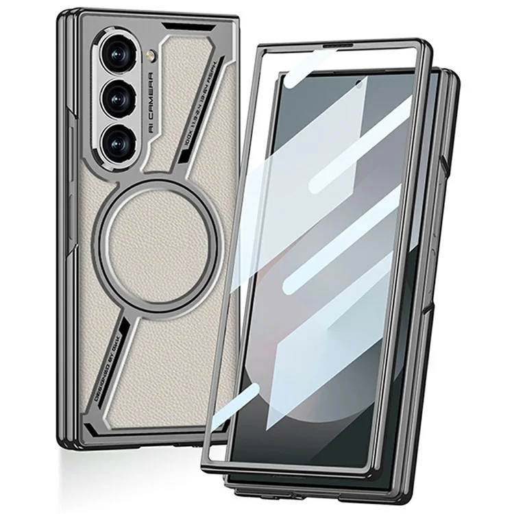 GKK For Samsung Galaxy Z Fold6 5G Case Compatible with MagSafe Hard PC+PU Phone Cover Built-In Screen Film - Titanium Grey