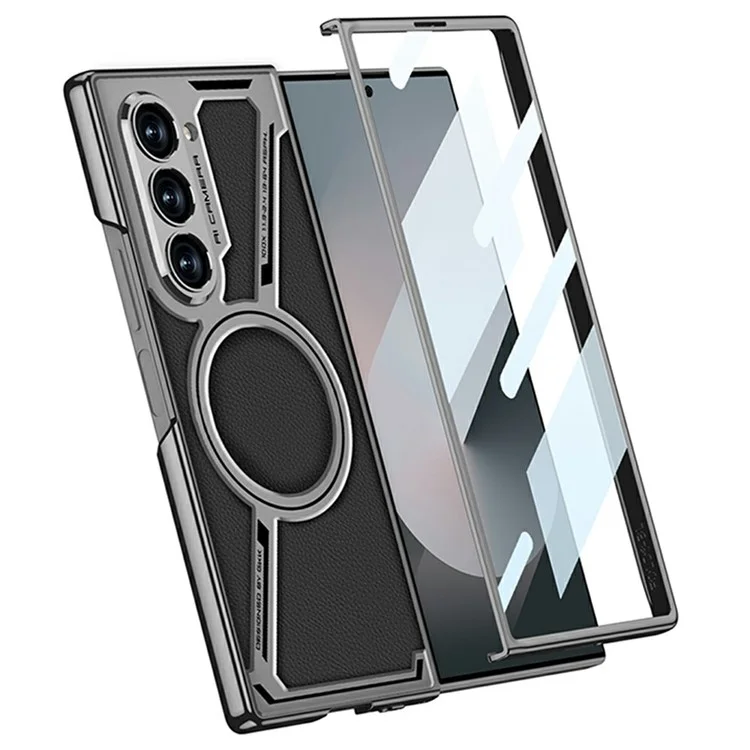 GKK For Samsung Galaxy Z Fold6 5G Case Compatible with MagSafe Hard PC+PU Phone Cover Built-In Screen Film - Titanium Grey