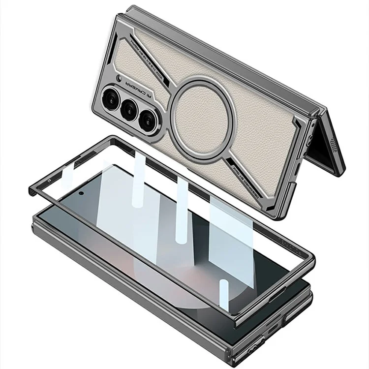 GKK For Samsung Galaxy Z Fold6 5G Case Compatible with MagSafe Hard PC+PU Phone Cover Built-In Screen Film - Titanium Grey