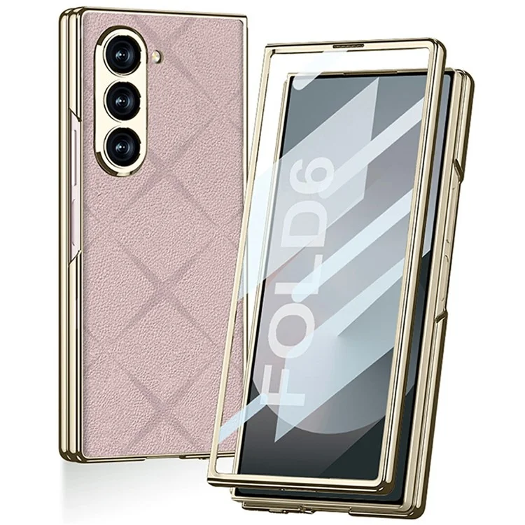 GKK For Samsung Galaxy Z Fold6 5G Case Hard PC+PU Kickstand Phone Cover with Screen Film - Light Pink