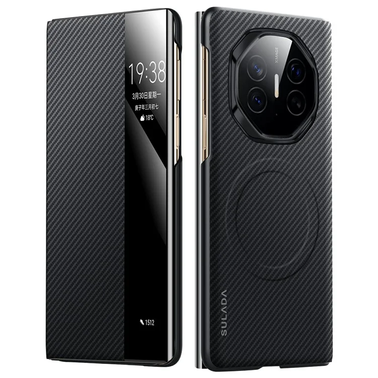 Sulada Pour Huawei Mate xt Ultimate View Venture de Fenêtre en Cuir Couverture de Téléphone Avec Sillage Automatique / Dormir - Noir