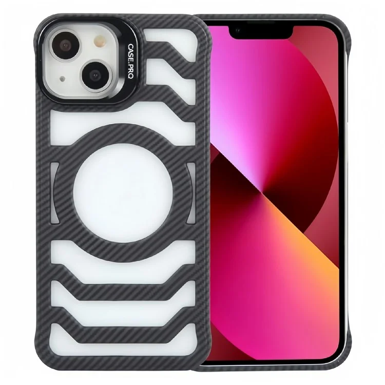 Pour Iphone 13 / 14 Cas Compatible Avec Magsafe Sans Cadre Kickstand PC Téléphone PC Couverture Texture de Fibre de Carbon - Noir