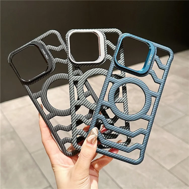 Pour Iphone 13 / 14 Cas Compatible Avec Magsafe Sans Cadre Kickstand PC Téléphone PC Couverture Texture de Fibre de Carbon - Noir
