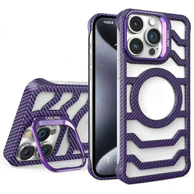 For iPhone 15 Pro Case Compatible with MagSafe Frameless Kickstand PC Phone Cover Carbon Fiber Texture - Purple