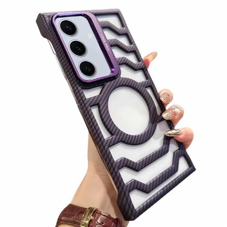 For Samsung Galaxy S24 Case Compatible with MagSafe Frameless Kickstand PC Phone Cover Carbon Fiber Texture - Purple