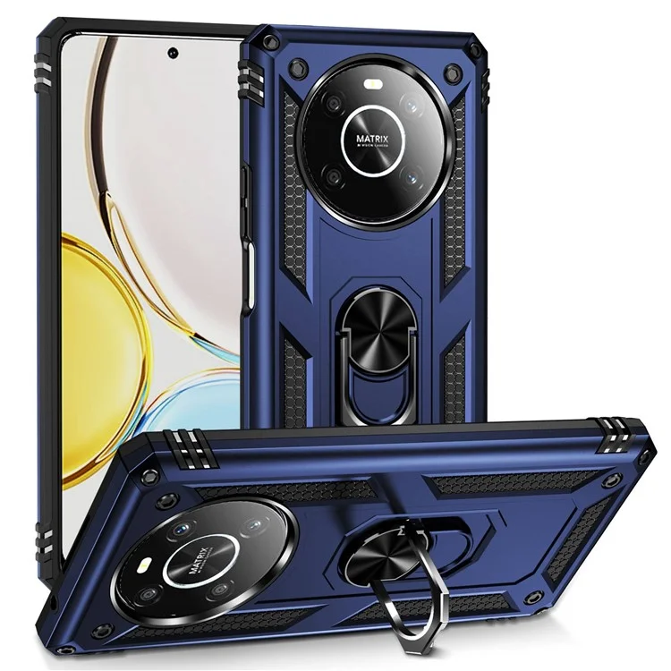 For Honor X9 4G/5G Military Grade Heavy Duty Armor Protective Case Ring Car Mount Kickstand Hybrid Hard PC Soft TPU Shockproof Cover - Blue
