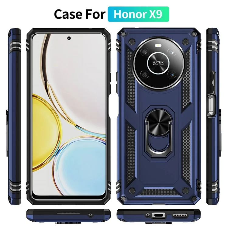 For Honor X9 4G/5G Military Grade Heavy Duty Armor Protective Case Ring Car Mount Kickstand Hybrid Hard PC Soft TPU Shockproof Cover - Blue