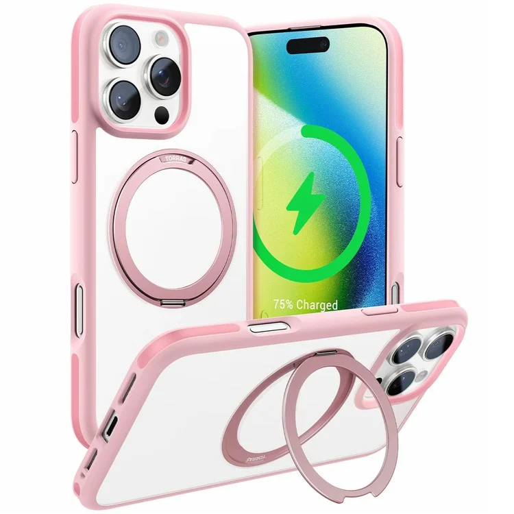 Torras Ostand R Fusion Per Iphone 16 Pro Case a 360 Gradi Kickstand TPU+PC Copertina Telefonica Compatibile Con MagSafe - Rosa