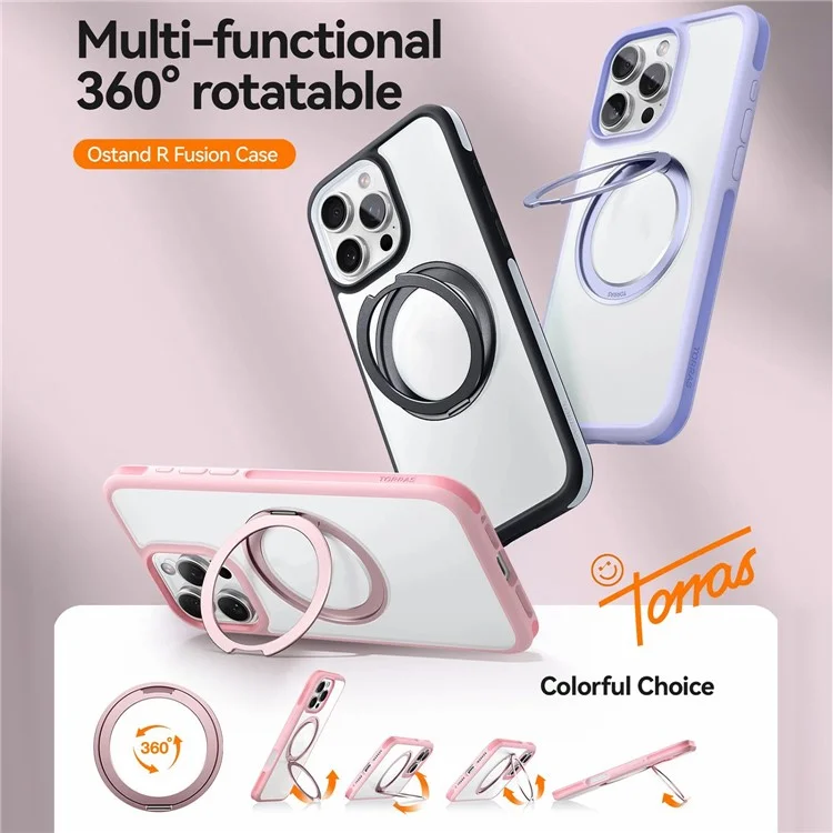 Torras Ostand R Fusion Per Iphone 16 Pro Case a 360 Gradi Kickstand TPU+PC Copertina Telefonica Compatibile Con MagSafe - Rosa