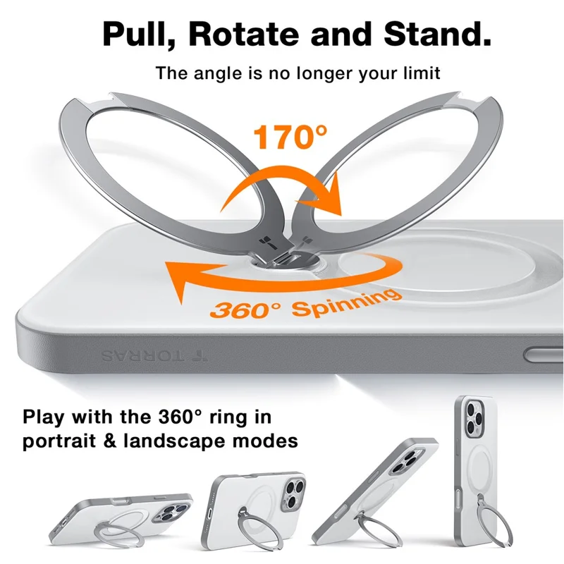 TORRAS Ostand Q3 Spin Series For iPhone 16 Pro Max Case Compatible with MagSafe Rotating Kickstand PC+TPU Phone Cover - Titanium Grey