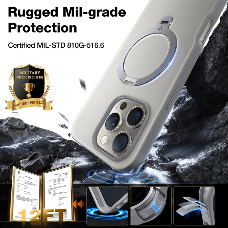 TORRAS Ostand Q3 Spin Series For iPhone 16 Pro Max Case Compatible with MagSafe Rotating Kickstand PC+TPU Phone Cover - Titanium Grey