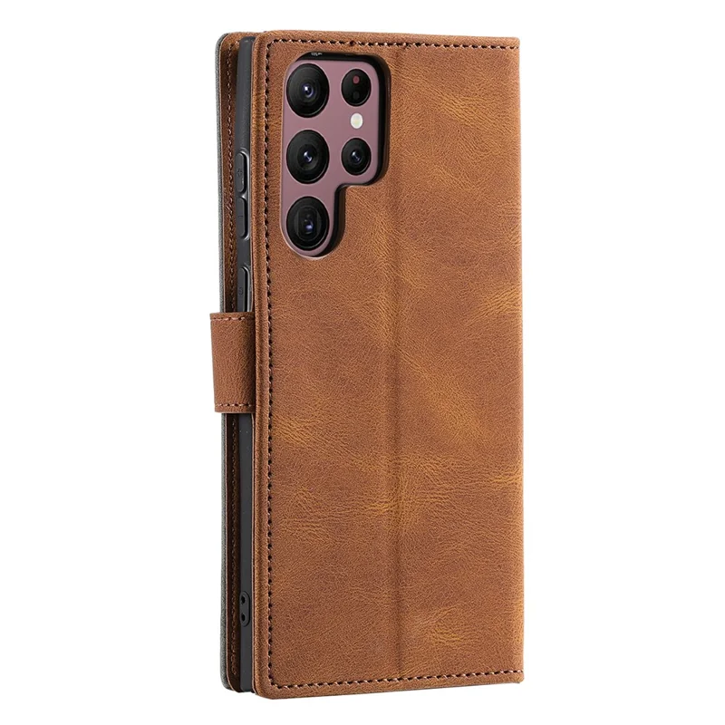 Pour Samsung Galaxy S25 Ultra Leather Case D'épissage de Ceinture de Couture de Couture de Portefeuille Téléphone Avec Sangle - Brun