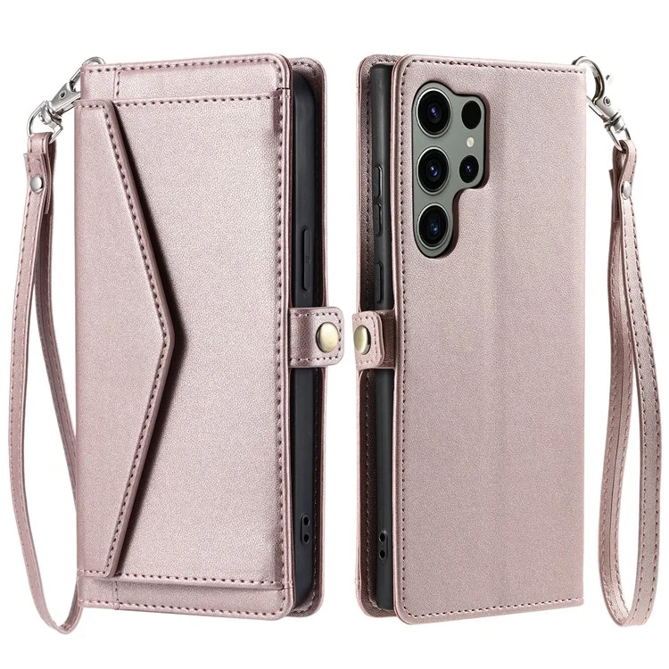 Para Samsung Galaxy S25 Ultra Leather Case Con Cubierta de Teléfono Con Correa Para Correa de Muñeca - Oro Rosa