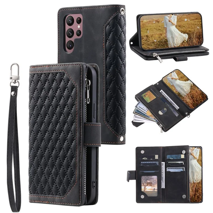 Estilo 005 Para Samsung Galaxy S25 Ultra Wallet Case Rhombus Stitching Line PU Cubierta de Teléfono de Cuero - Negro