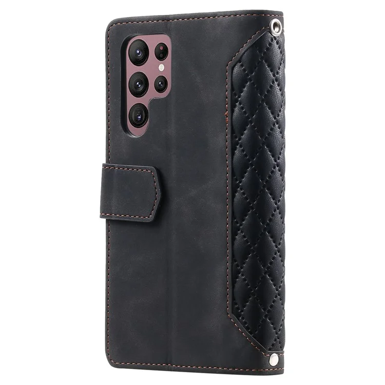 Estilo 005 Para Samsung Galaxy S25 Ultra Wallet Case Rhombus Stitching Line PU Cubierta de Teléfono de Cuero - Negro