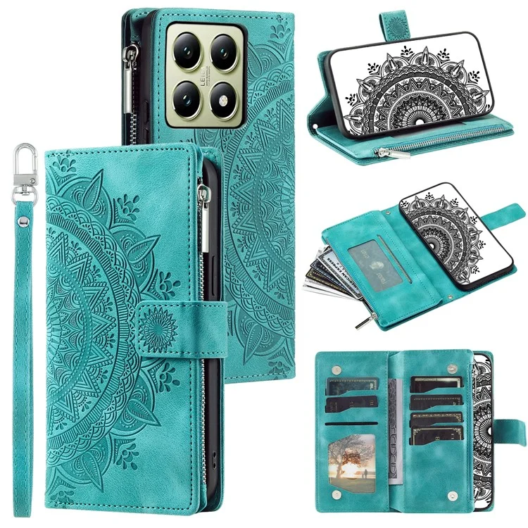 Stile 006 Per Xiaomi 14T Pro Wallet Case PU Copertura Per Telefono in Pelle PU Mandala Flower Pattern - Verde Menta