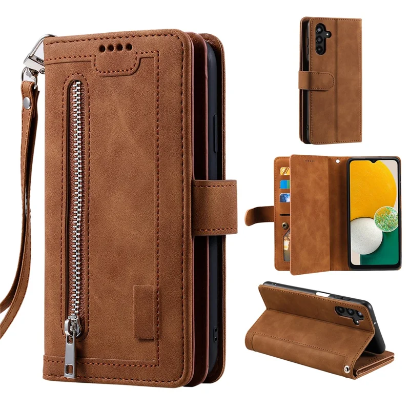 For Samsung Galaxy S25+ Case PU Leather Phone Cover with Zipper Wallet 9 Card Slots - Brown