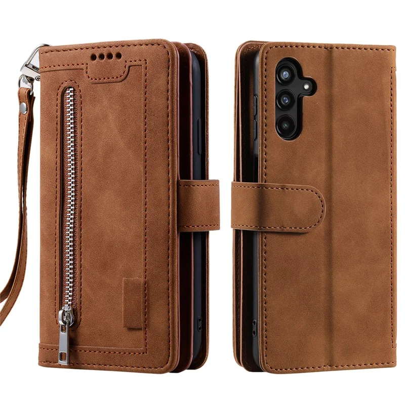 For Samsung Galaxy S25+ Case PU Leather Phone Cover with Zipper Wallet 9 Card Slots - Brown