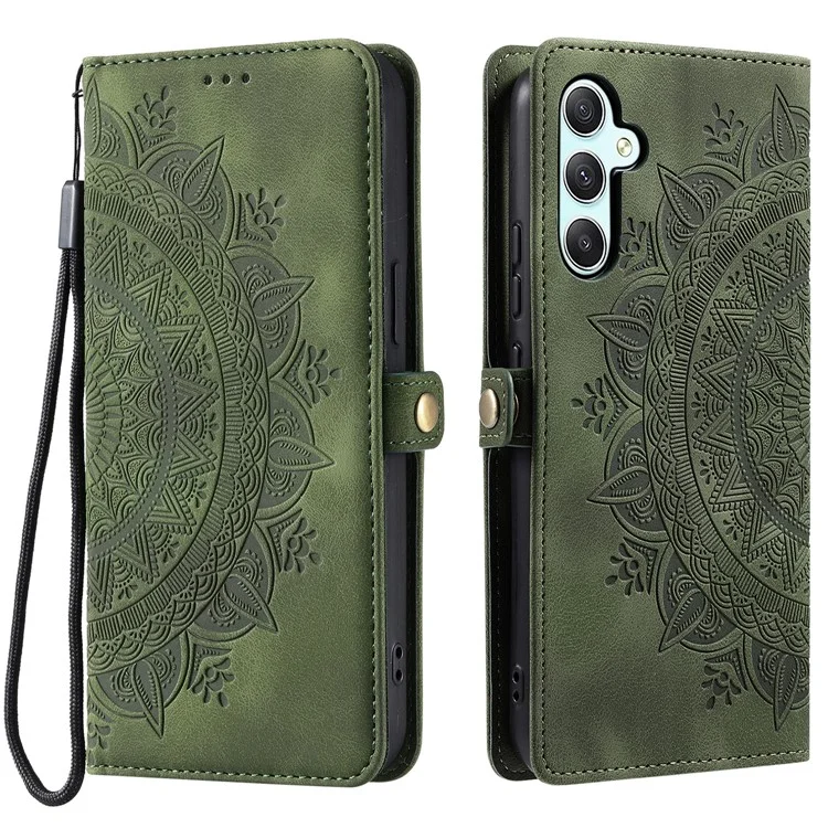 Style 016 For Samsung Galaxy S25 Case Skin Feel Totem Imprinted Wallet Leather Phone Cover - Blackish Green