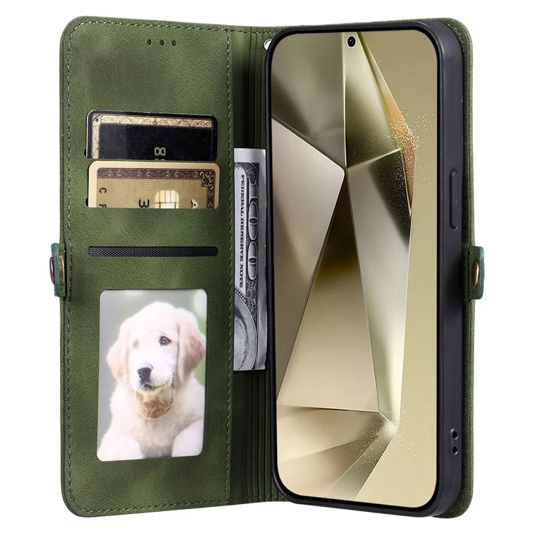 Style 016 For Samsung Galaxy S25 Case Skin Feel Totem Imprinted Wallet Leather Phone Cover - Blackish Green