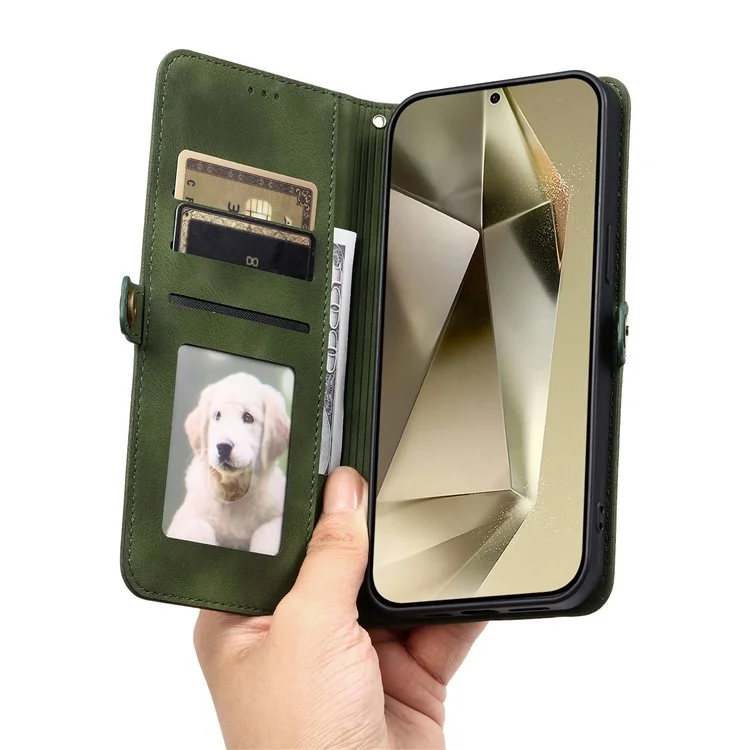 Style 016 For Samsung Galaxy S25 Case Skin Feel Totem Imprinted Wallet Leather Phone Cover - Blackish Green