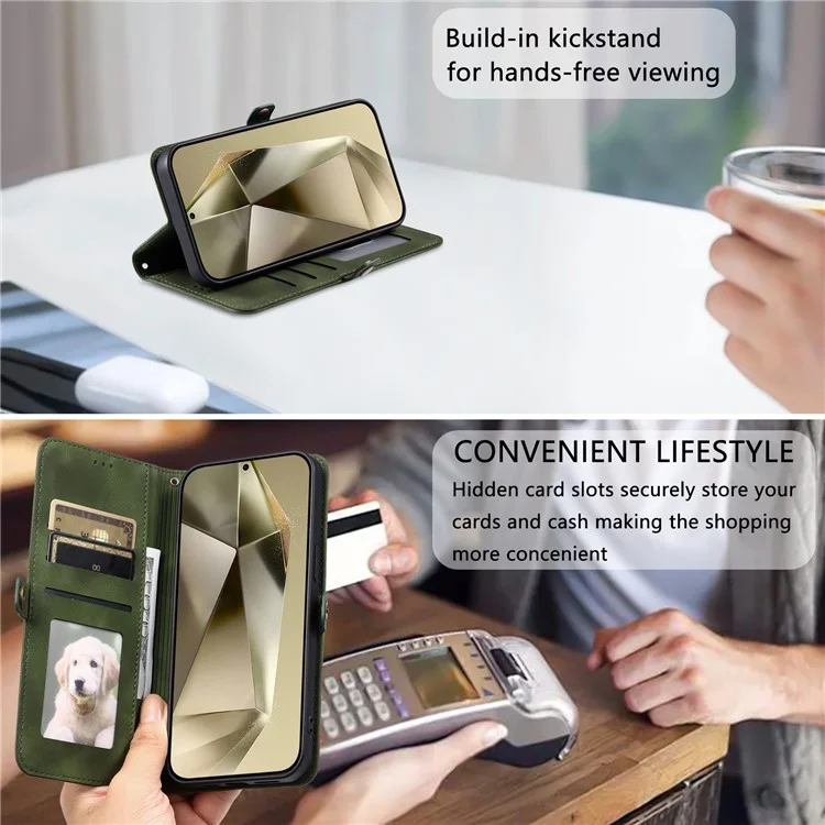Style 016 For Samsung Galaxy S25 Case Skin Feel Totem Imprinted Wallet Leather Phone Cover - Blackish Green