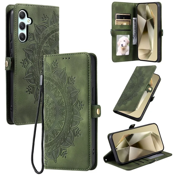 Style 016 For Samsung Galaxy S25 Case Skin Feel Totem Imprinted Wallet Leather Phone Cover - Blackish Green