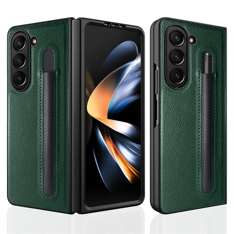 For Samsung Galaxy Z Fold6 5G Case Pencil Holder Litchi Texture PU+PC Phone Cover with Screen Film - Green