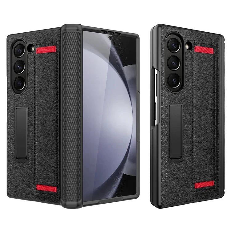 Para Samsung Galaxy Z Fold6 5G Case Litchi Texture PU+PC Telephip Con Película de Pantalla, Pulsera - Negro / Rojo