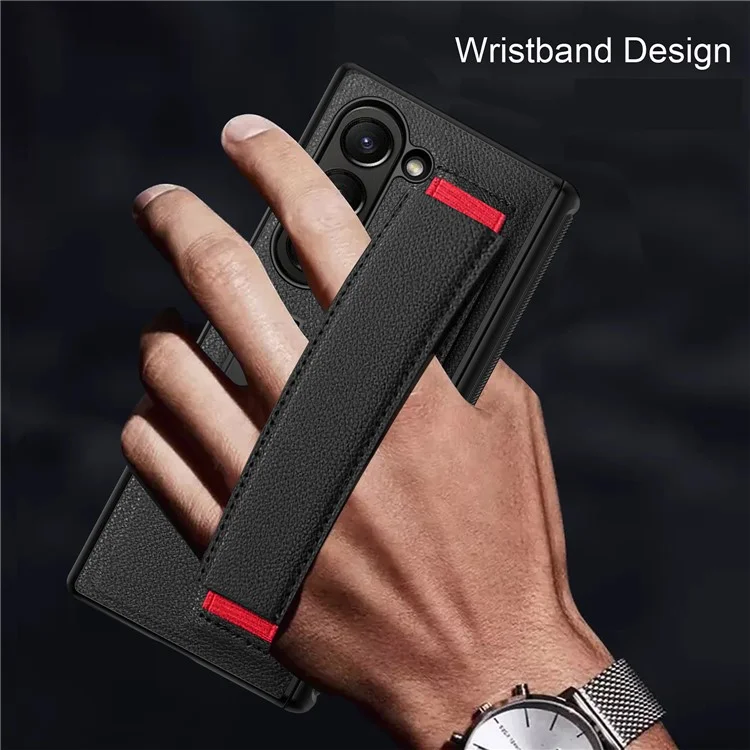 Para Samsung Galaxy Z Fold6 5G Case Litchi Texture PU+PC Telephip Con Película de Pantalla, Pulsera - Negro / Rojo