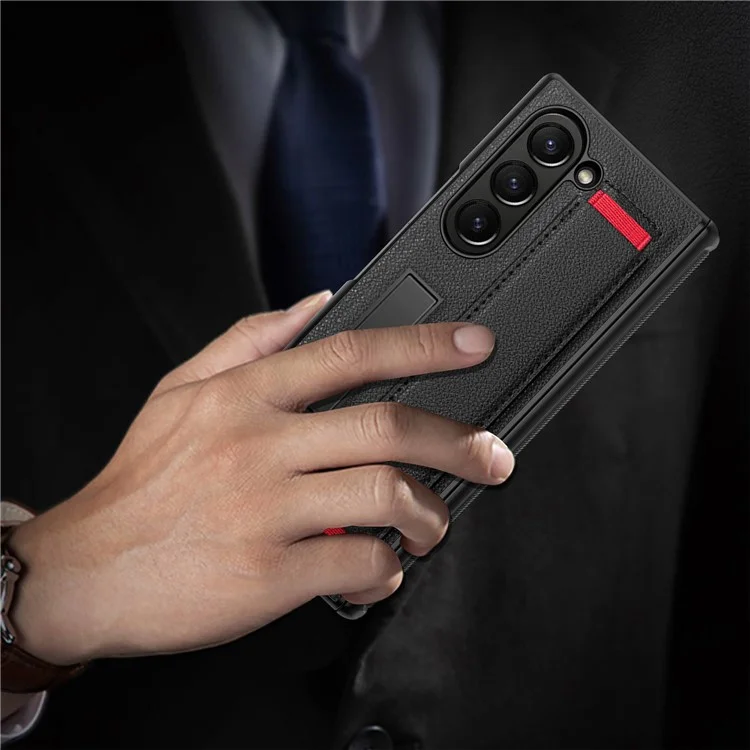 Para Samsung Galaxy Z Fold6 5G Case Litchi Texture PU+PC Telephip Con Película de Pantalla, Pulsera - Negro / Rojo