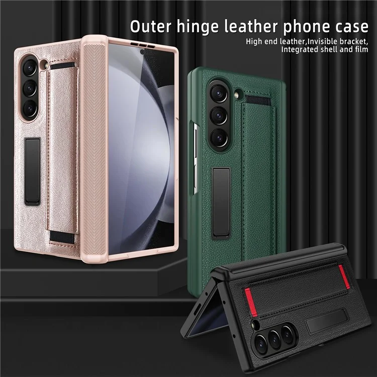 Para Samsung Galaxy Z Fold6 5G Case Litchi Texture PU+PC Telephip Con Película de Pantalla, Pulsera - Negro / Rojo
