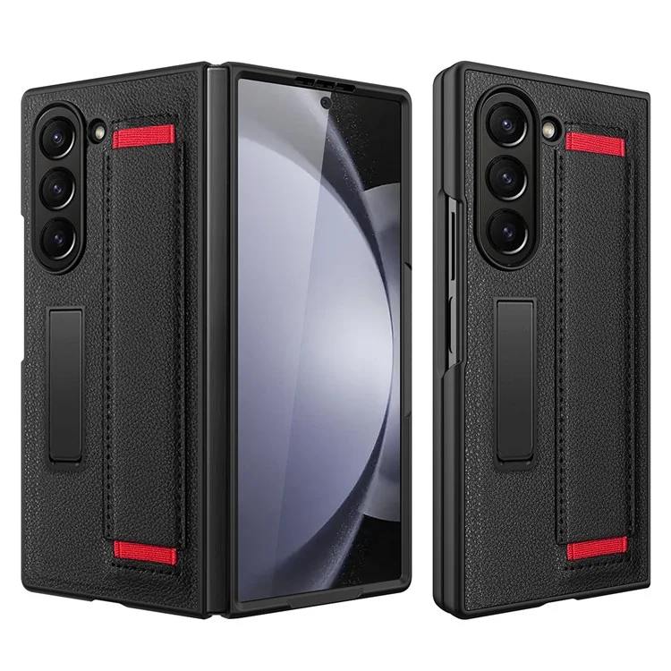Para Samsung Galaxy Z Fold6 5G Case Litchi Texture PU+PC Cubierta de Teléfono de Pulsera Con Pantalla / Película de Lente - Negro / Rojo