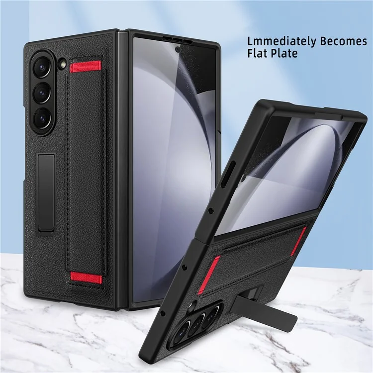 Para Samsung Galaxy Z Fold6 5G Case Litchi Texture PU+PC Cubierta de Teléfono de Pulsera Con Pantalla / Película de Lente - Negro / Rojo