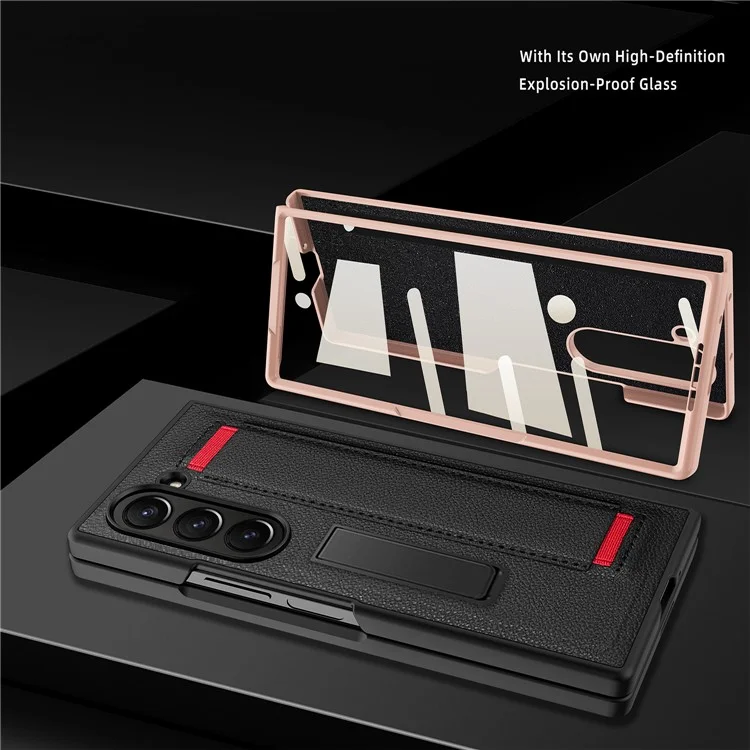 Para Samsung Galaxy Z Fold6 5G Case Litchi Texture PU+PC Cubierta de Teléfono de Pulsera Con Pantalla / Película de Lente - Negro / Rojo