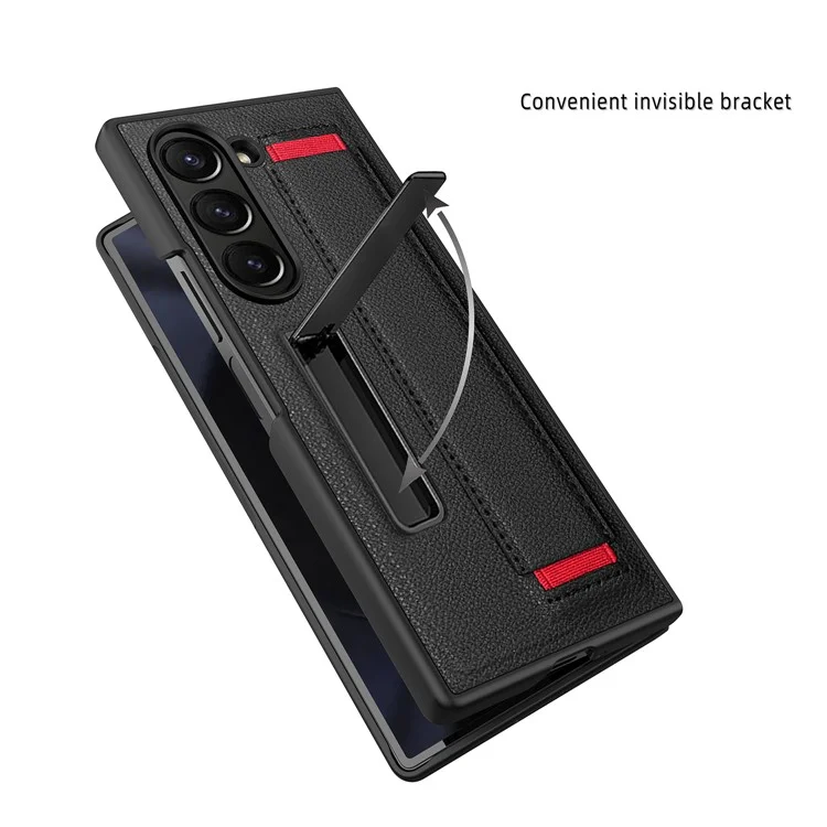 Para Samsung Galaxy Z Fold6 5G Case Litchi Texture PU+PC Cubierta de Teléfono de Pulsera Con Pantalla / Película de Lente - Negro / Rojo