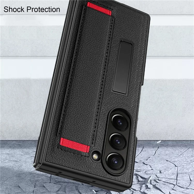 Para Samsung Galaxy Z Fold6 5G Case Litchi Texture PU+PC Cubierta de Teléfono de Pulsera Con Pantalla / Película de Lente - Negro / Rojo