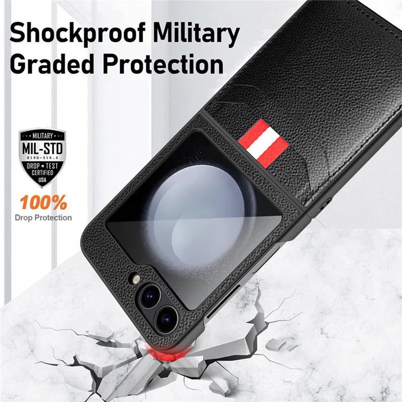 Für Samsung Galaxy Z Flip6 5G Case Litchi Textur PU+PC -telefonabdeckung Mit Bildschirm / Linsenfilm - Schwarz