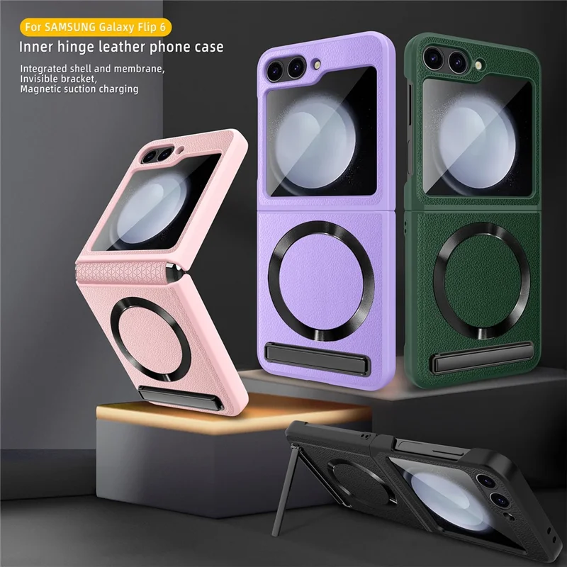 For Samsung Galaxy Z Flip6 5G Case Compatible with MagSafe Kickstand PC+PU Phone Cover with Screen / Lens Film - Wheat Black