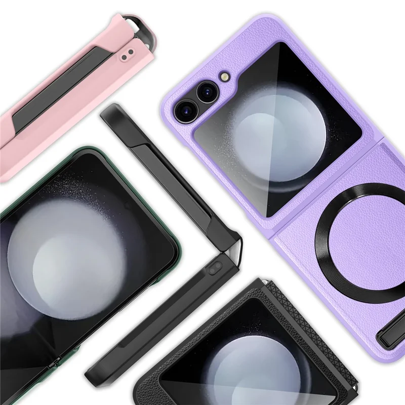 For Samsung Galaxy Z Flip6 5G Case Compatible with MagSafe Kickstand PC+PU Phone Cover with Screen / Lens Film - Wheat Black