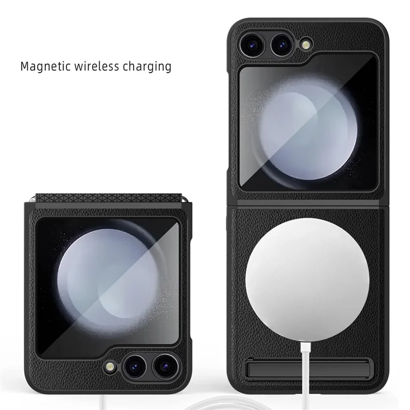 For Samsung Galaxy Z Flip6 5G Case Compatible with MagSafe Kickstand PC+PU Phone Cover with Screen / Lens Film - Wheat Black