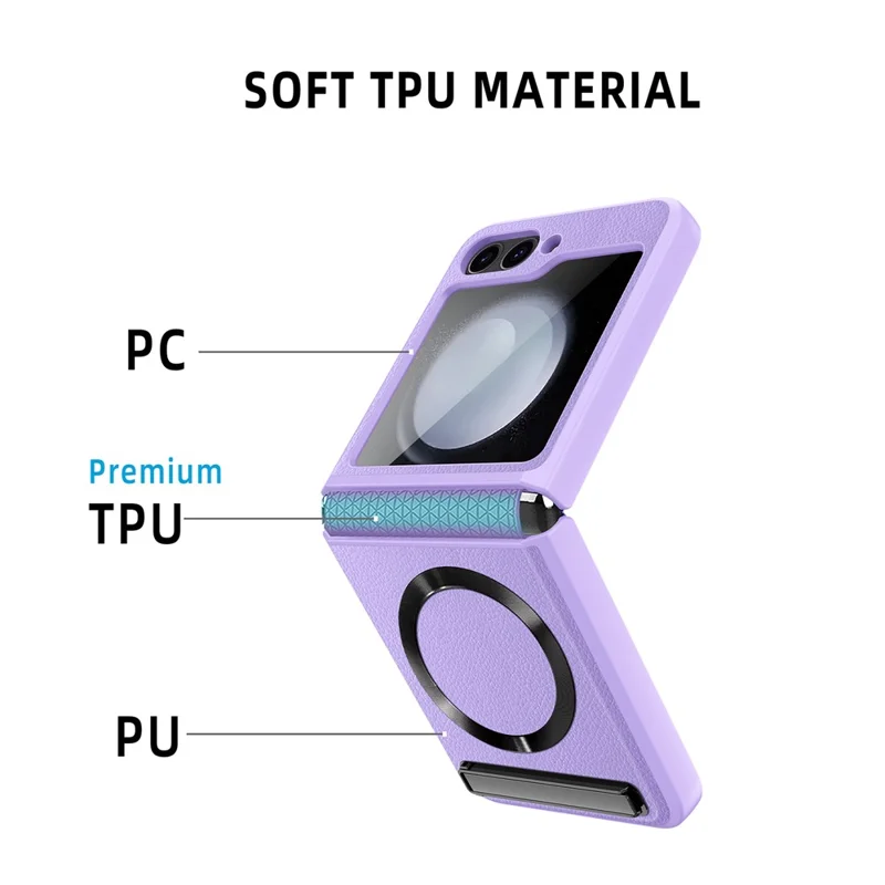 For Samsung Galaxy Z Flip6 5G Case Compatible with MagSafe Kickstand PC+PU Phone Cover with Screen / Lens Film - Wheat Black