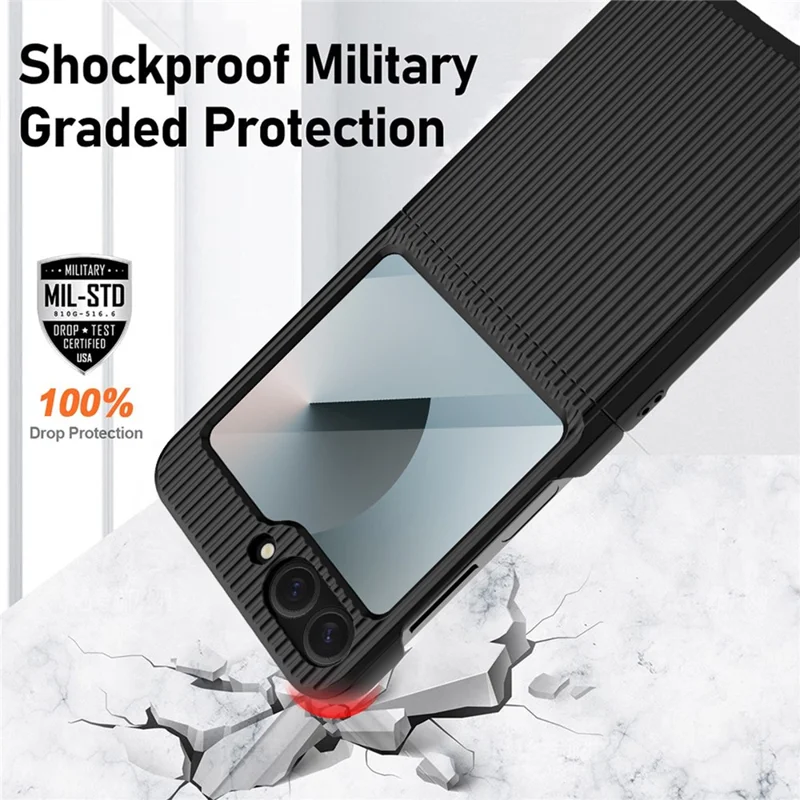 For Samsung Galaxy Z Flip6 5G Case Stripes Style Hard PC Phone Cover with Screen / Lens Film - Black