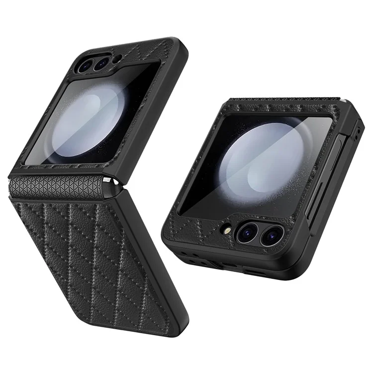 Per Samsung Galaxy Z Flip6 5G Case Rhombus Imprint Pu+coperchio Pic Hard PC Con Schermo / Film Lente - Nero