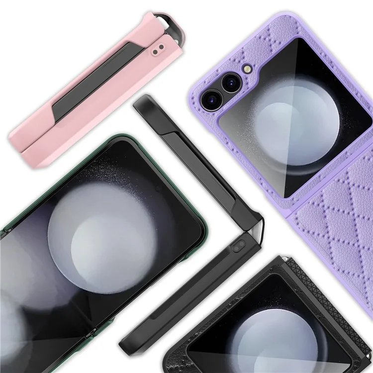 Per Samsung Galaxy Z Flip6 5G Case Rhombus Imprint Pu+coperchio Pic Hard PC Con Schermo / Film Lente - Nero