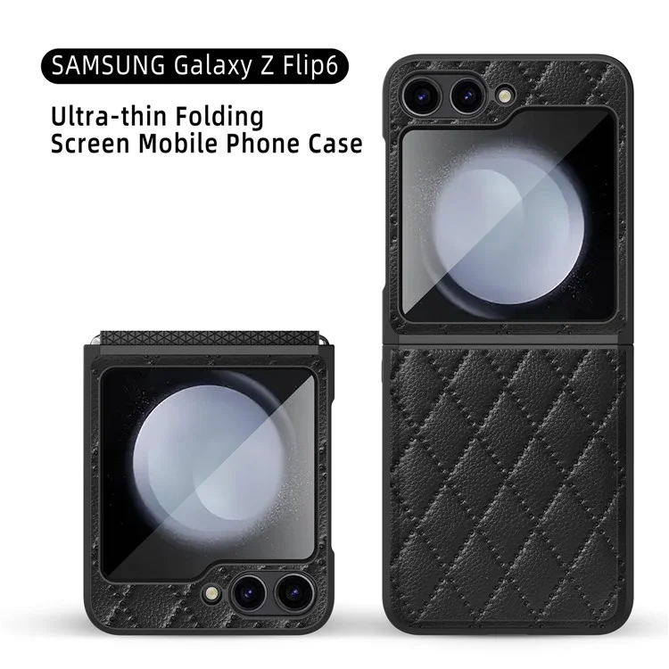 Per Samsung Galaxy Z Flip6 5G Case Rhombus Imprint Pu+coperchio Pic Hard PC Con Schermo / Film Lente - Nero