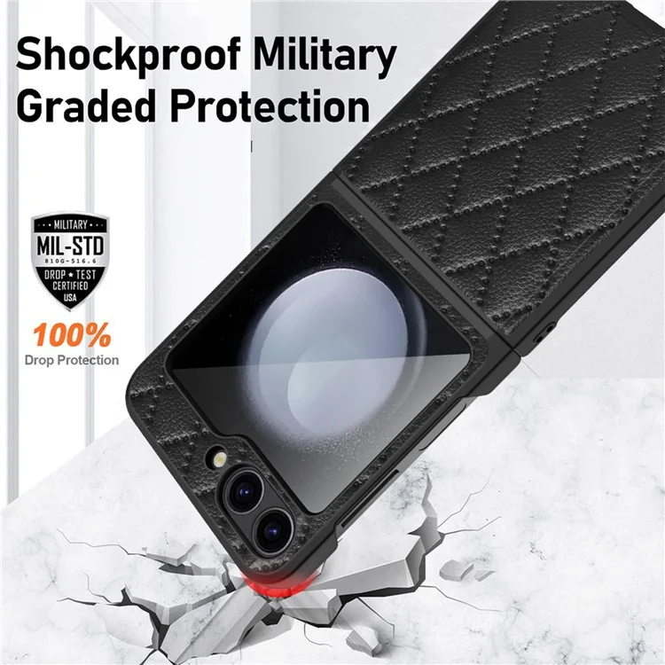 Per Samsung Galaxy Z Flip6 5G Case Rhombus Imprint Pu+coperchio Pic Hard PC Con Schermo / Film Lente - Nero