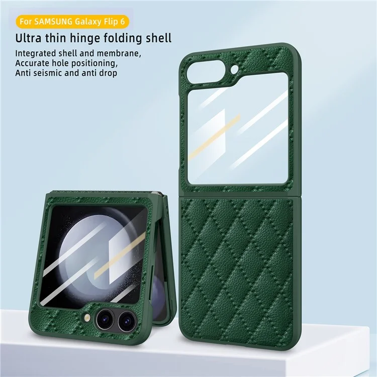 Per Samsung Galaxy Z Flip6 5G Case Rhombus Imprint Pu+coperchio Pic Hard PC Con Schermo / Film Lente - Nero